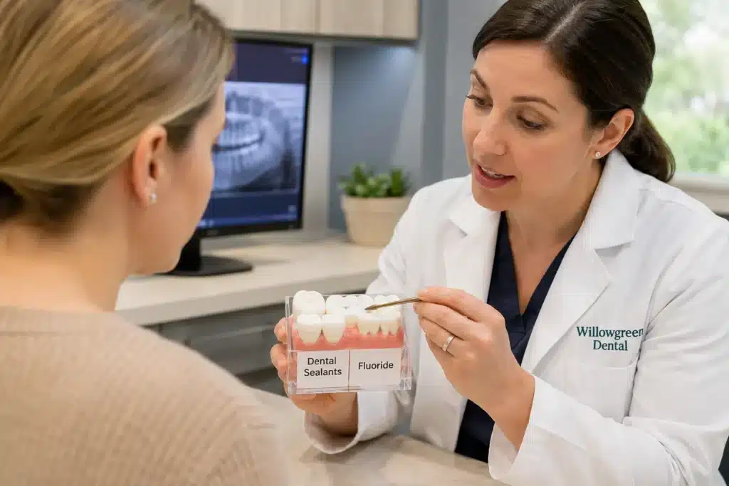 Dentist explaining fluoride and dental sealants for cavity prevention
