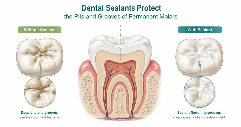 Diagram showing dental sealant applied to the chewing surface of a child's molar